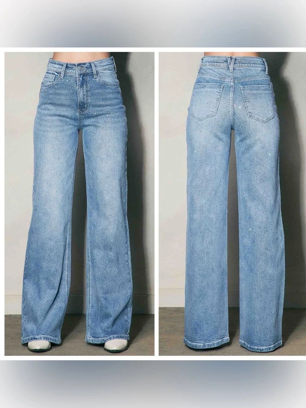 Vibrant Miu VBRT XPT302-R Iridescent Rhinestone High-Rise Wide Leg Jeans 15